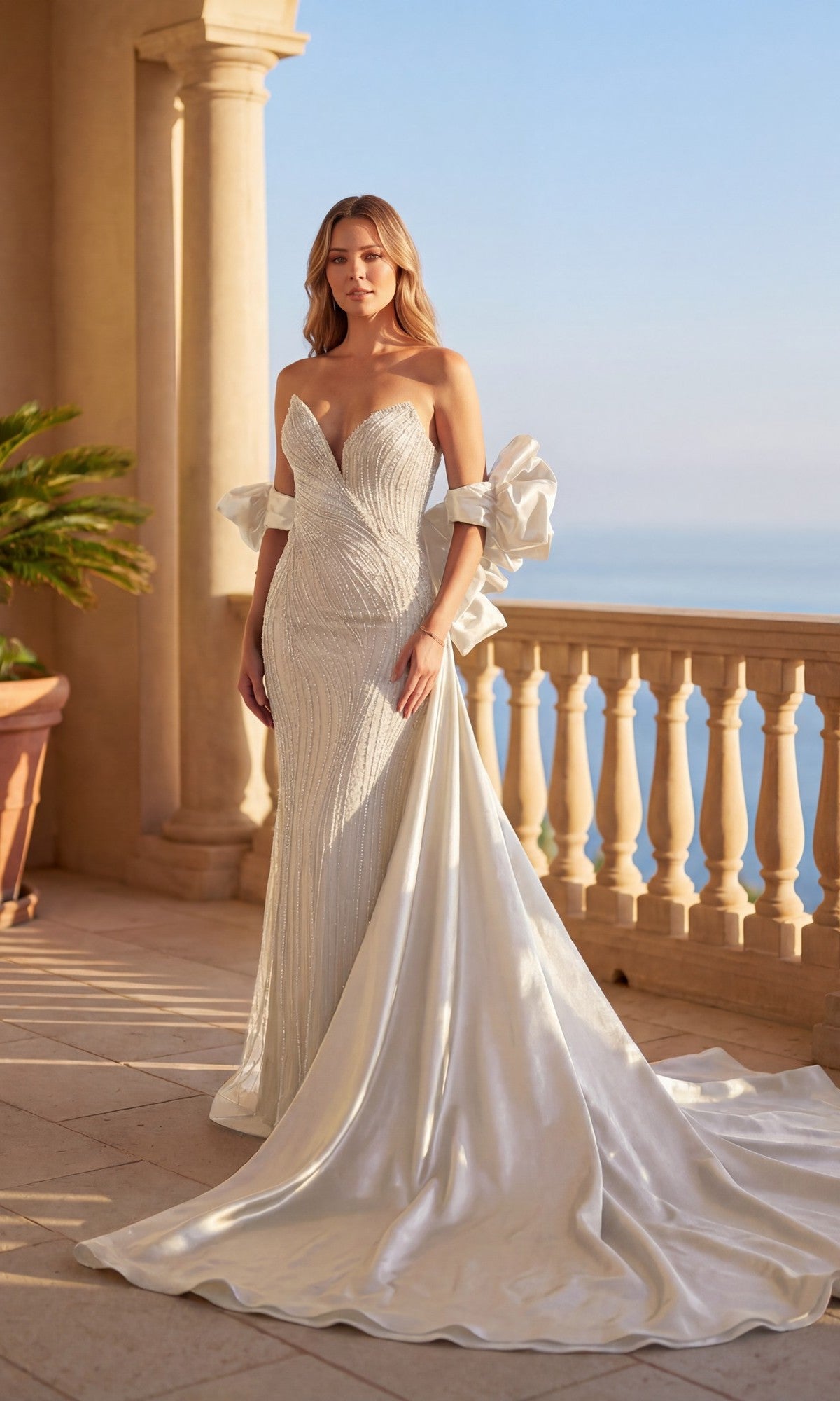 A woman in the Chicas C381 Long Prom Dress in off white, featuring an off-the-shoulder design with a long train and flowing organza cape, stands on a sunlit terrace overlooking the ocean.